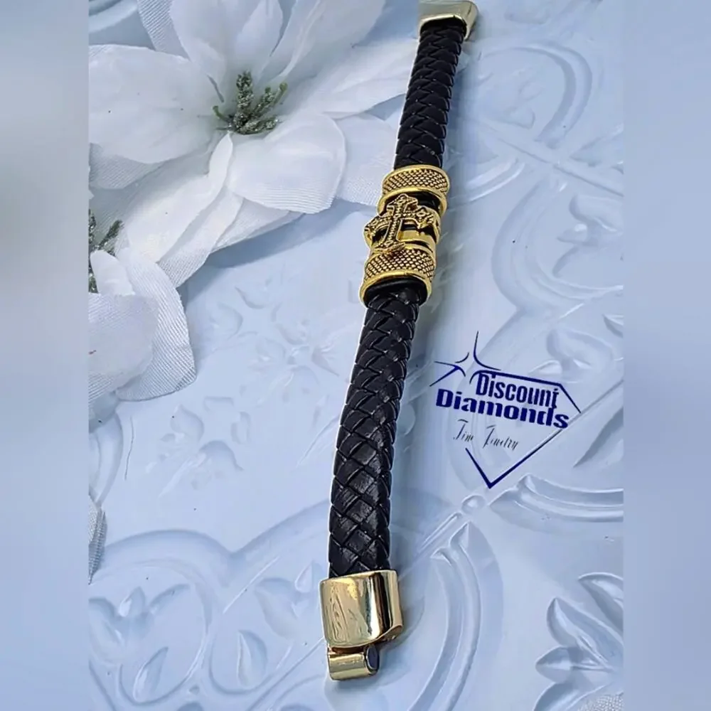 Black Braded Leather with 18K Yellow Gold Plated Black Titanium